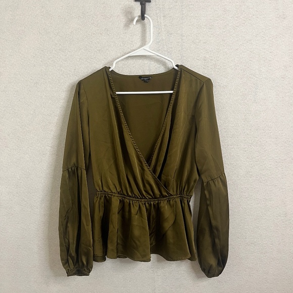 Guess Tops - Guess Olive Satin Surplice Peplum Blouse Small Balloon Sleeve Top